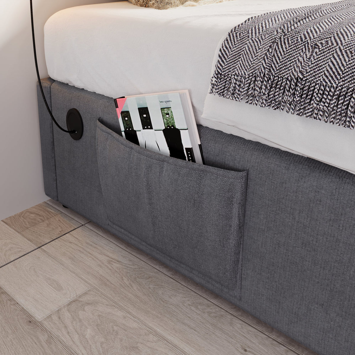 Upholstered Single Bed, 90x200cm USB-C Slatted Frame, Cotton Grey