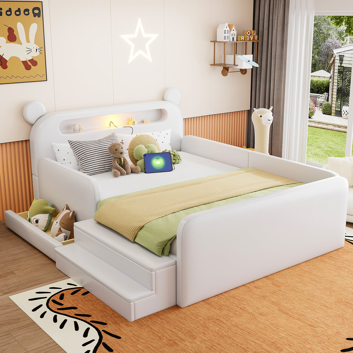 Children's Upholstered Bed 140x200 Bear Headboard White Faux Leather
