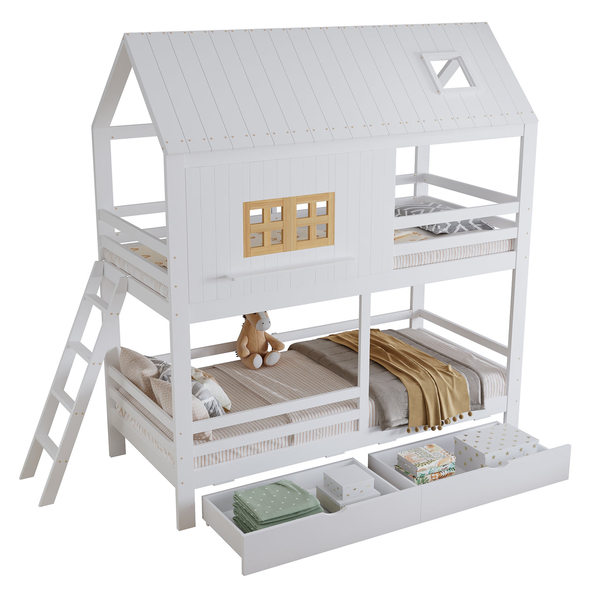 Children's Bunk Bed with Roof, Windows & Drawers, White Pine
