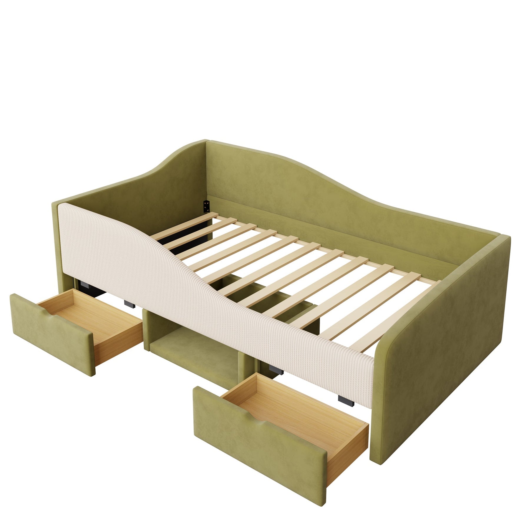 Upholstered Sofa Bed 90x190cm Multifunctional 2 Drawers Railings - Velvet Dark Green/Cream White