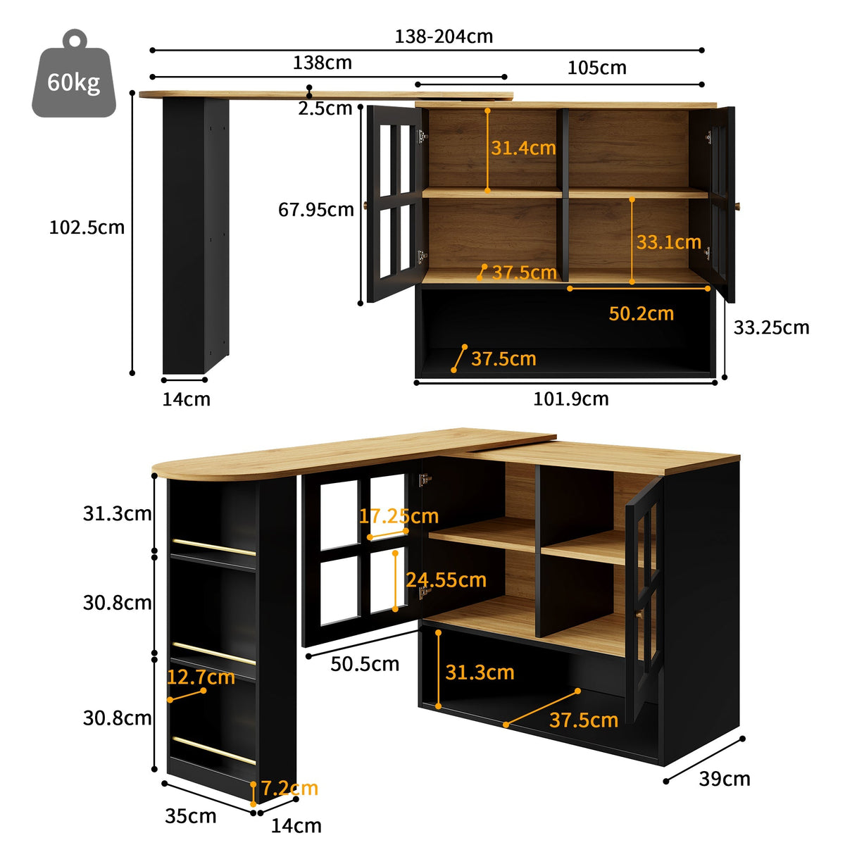 Dining Bar, 360° Rotating Multifunctional with 5 Shelves, Black