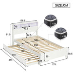Double Bed with Trundle, Storage & LED Light, White Pine Frame