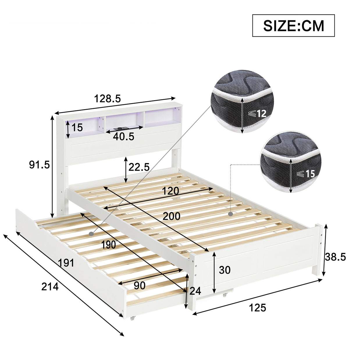 Double Bed with Trundle, Storage & LED Light, White Pine Frame