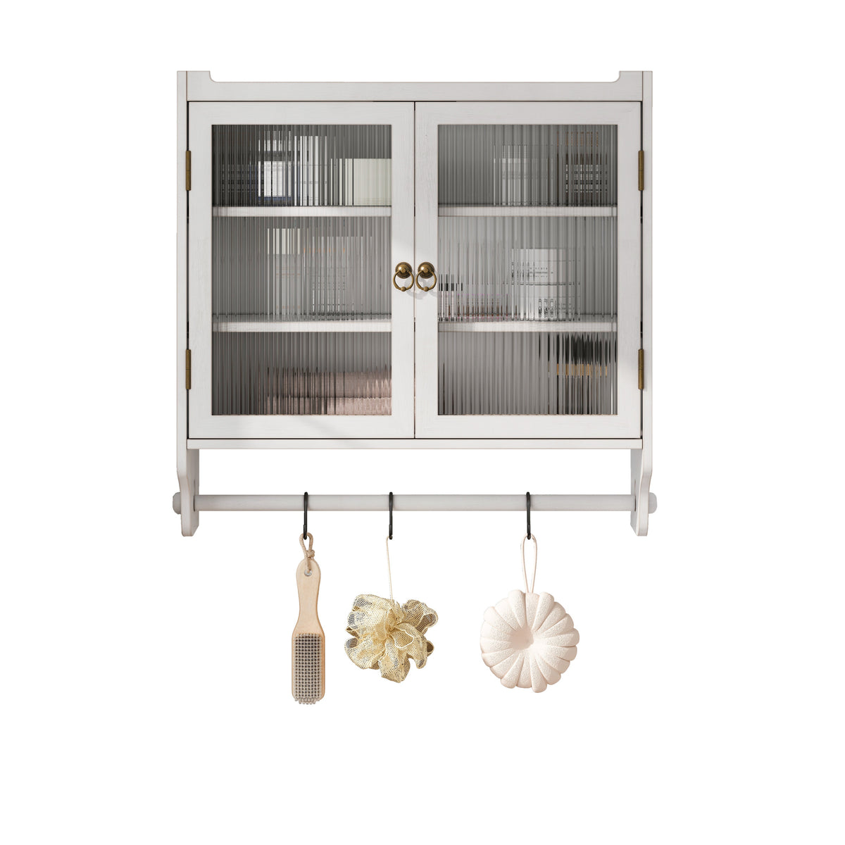 60cm Glass Door Vintage Double Door Wall Cabinet, Three Tiers, Towel Rack, White Washed
