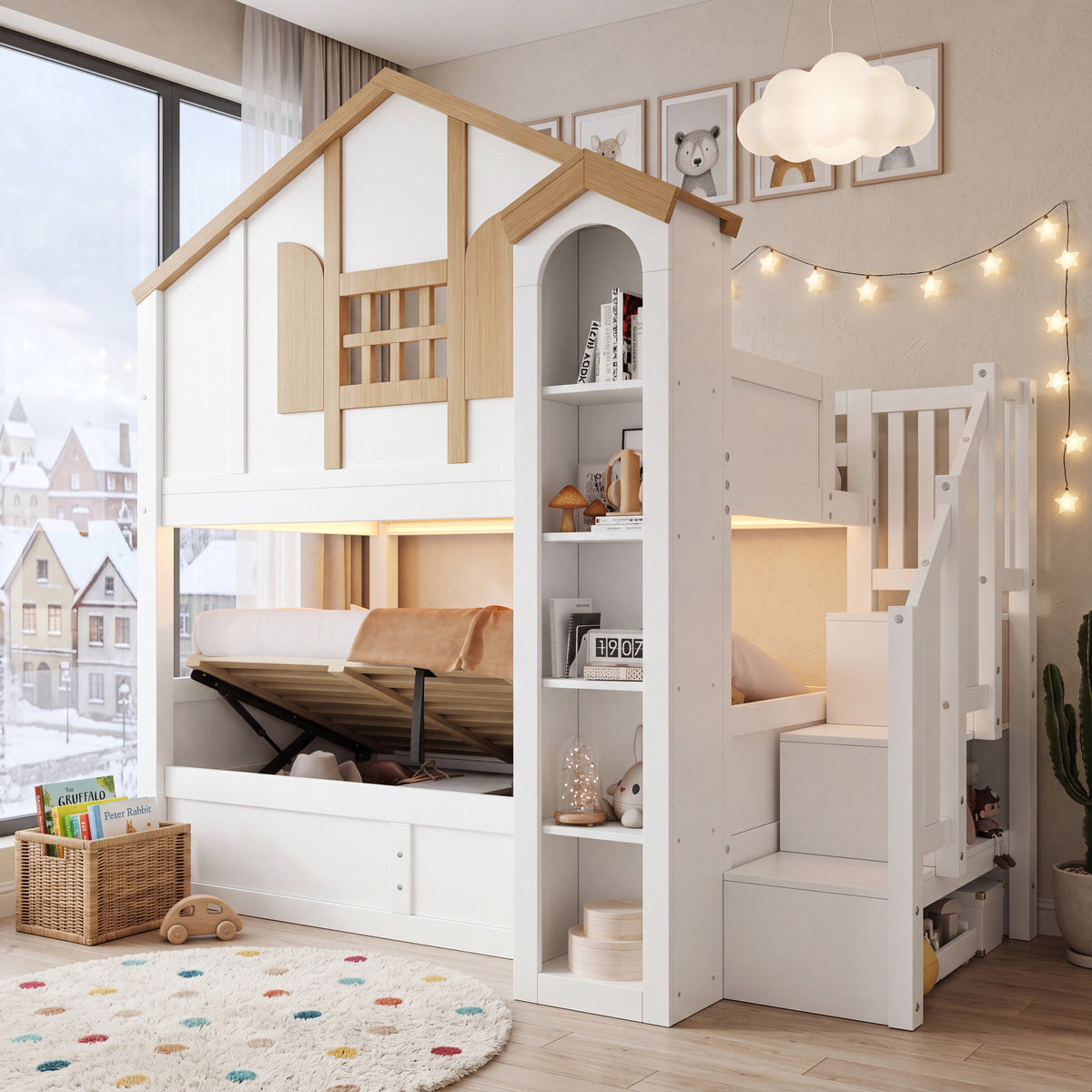 Bunk Bed with Hydraulic Lift & Storage Stairs, Solid Wood White