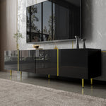 TV Cabinet, Modern 4-Door, High-Gloss Black and Gold