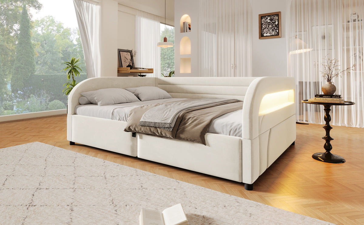Upholstered Platform Bed 140x200, Hydraulic Storage & LED, Beige