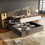Upholstered Bed with Hydraulic Storage, LED, USB and 2 Bedside Tables, 160x200cm, Grey and Natural Velvet