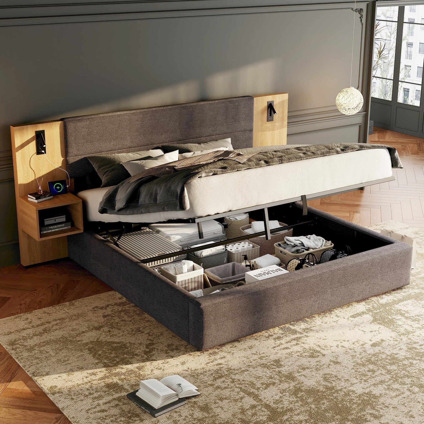 Upholstered Bed with Hydraulic Storage, LED, USB and 2 Bedside Tables, 160x200cm, Grey and Natural Velvet