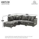 Modern Modular Corner Sofa, 5-Seater with Convertible Footstool, Cotton and Linen Grey