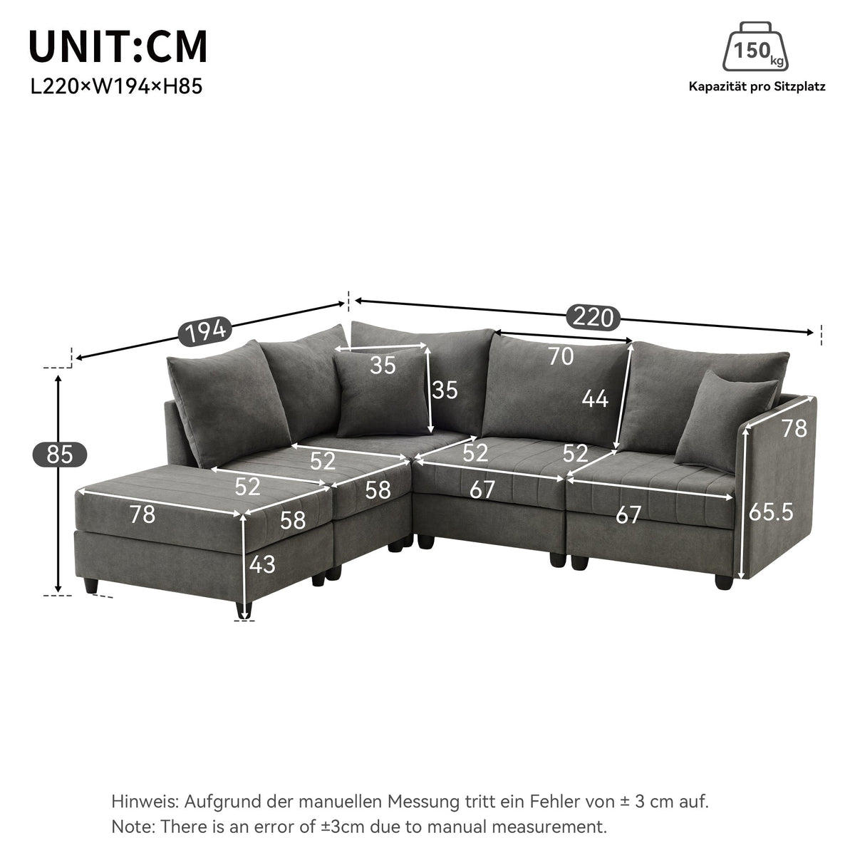 Modern Modular Corner Sofa, 5-Seater with Convertible Footstool, Cotton and Linen Grey
