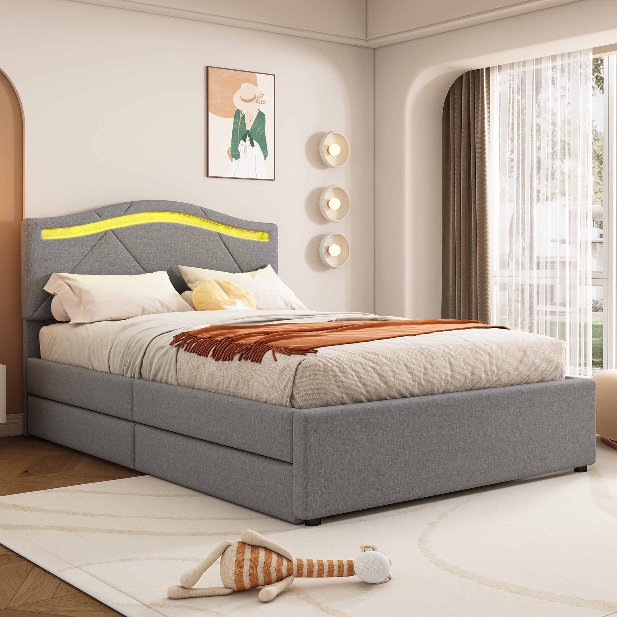 Upholstered Bed with LED Lights, 2 Drawers and Adjustable Headboard, Grey Linen