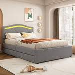 Upholstered Bed with LED Lights, 2 Drawers and Adjustable Headboard, Grey Linen
