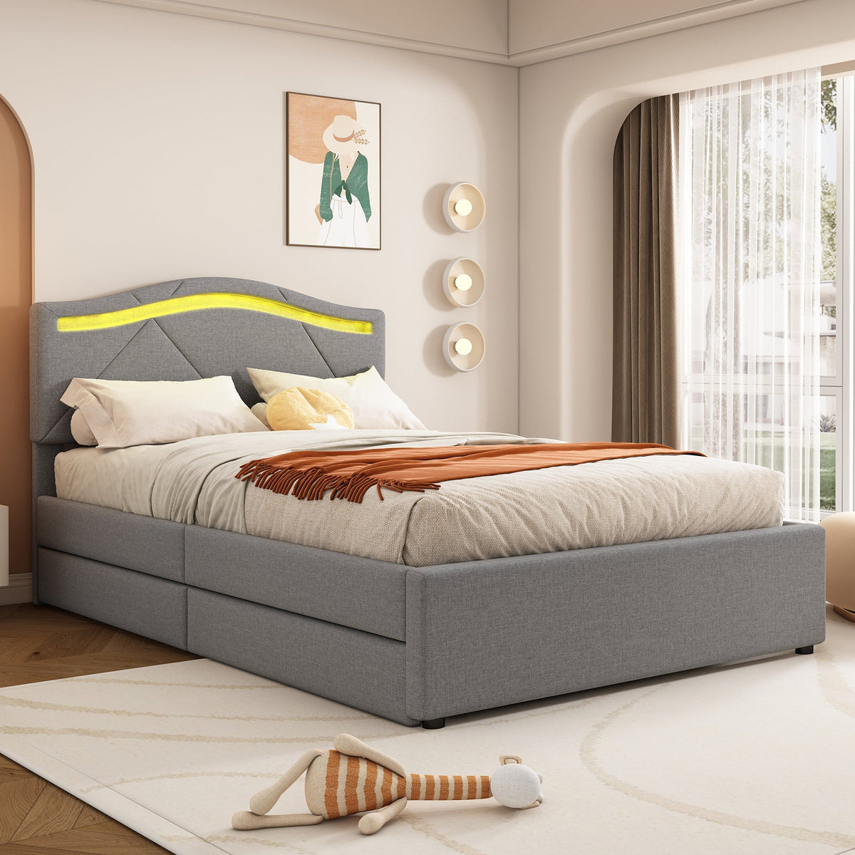 Upholstered Bed with LED Lights, 2 Drawers and Adjustable Headboard, Grey Linen