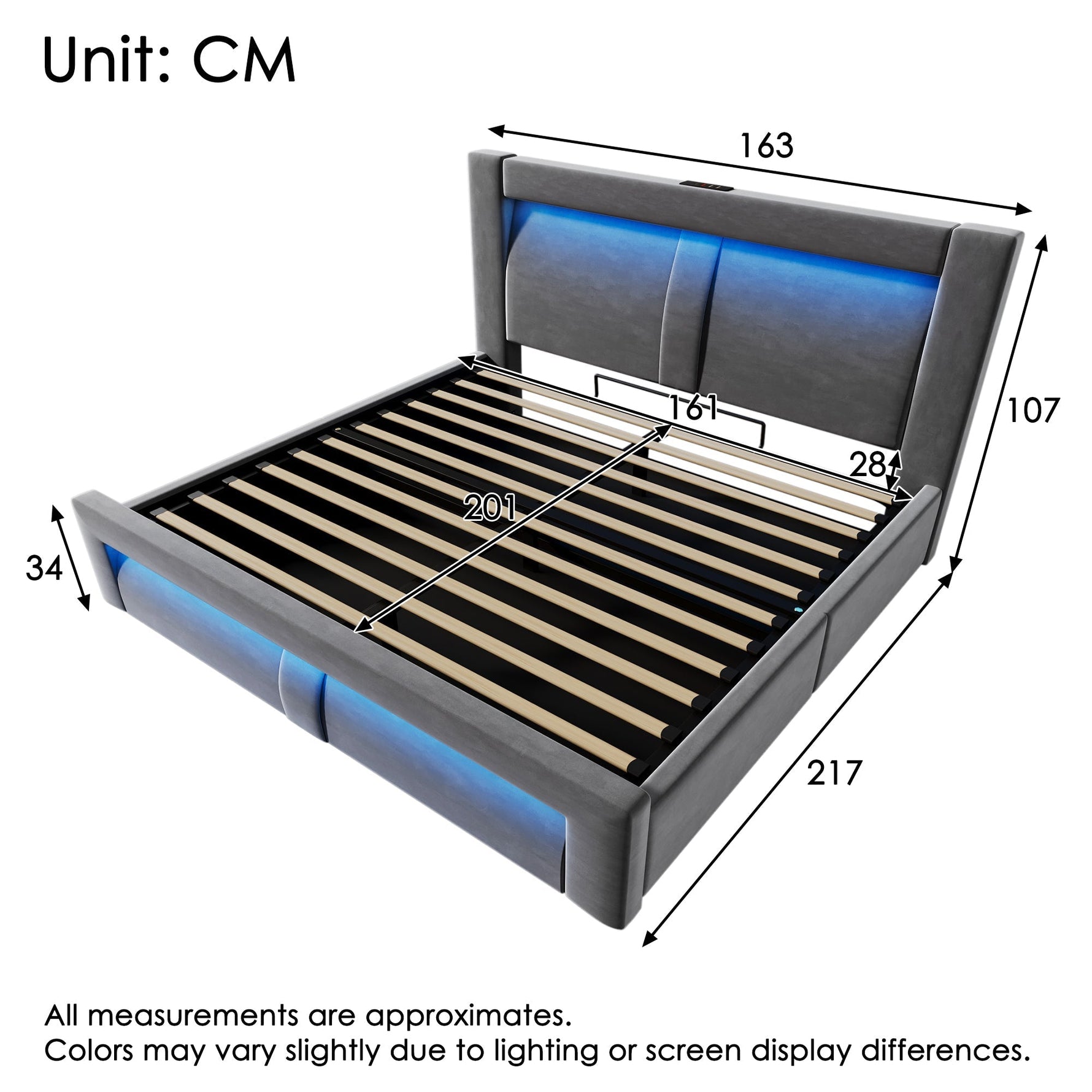 Double Bed 160x200 cm with Hydraulic Storage, LED, USB Charging and Mattress, Gray Velvet