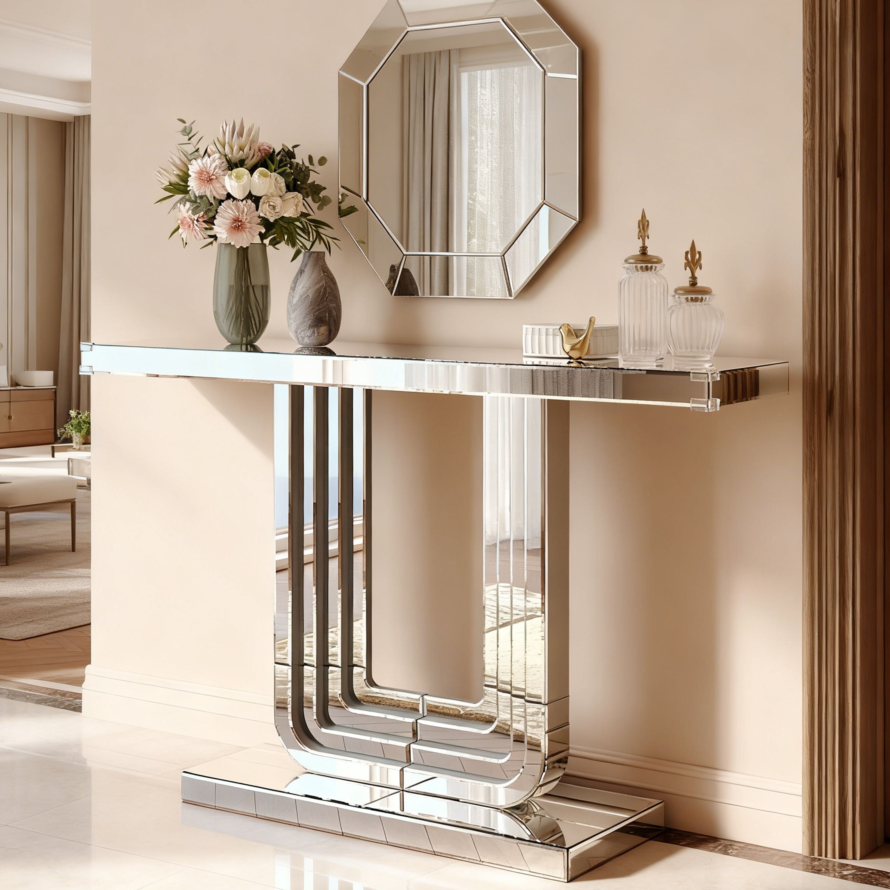 Mirrored Console Table 120cm Modern U-Shape - Silver