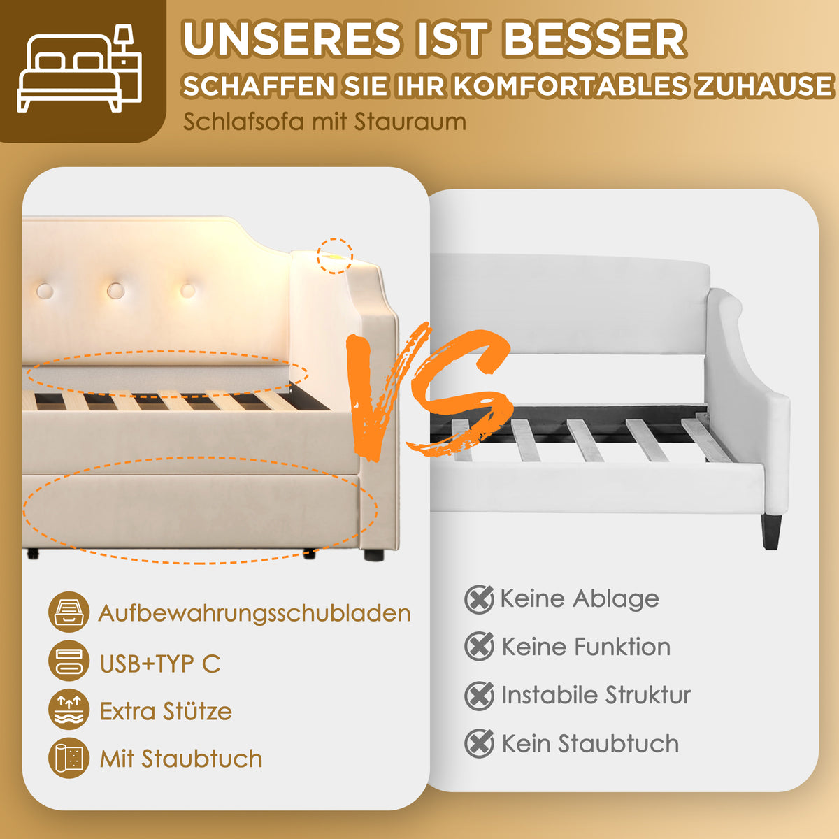Upholstered Daybed 90x200cm with USB & 2 Drawers, Beige Velvet