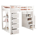 Loft Bed, 140x200cm with Storage, Ladder & Shelves, White Solid Wood