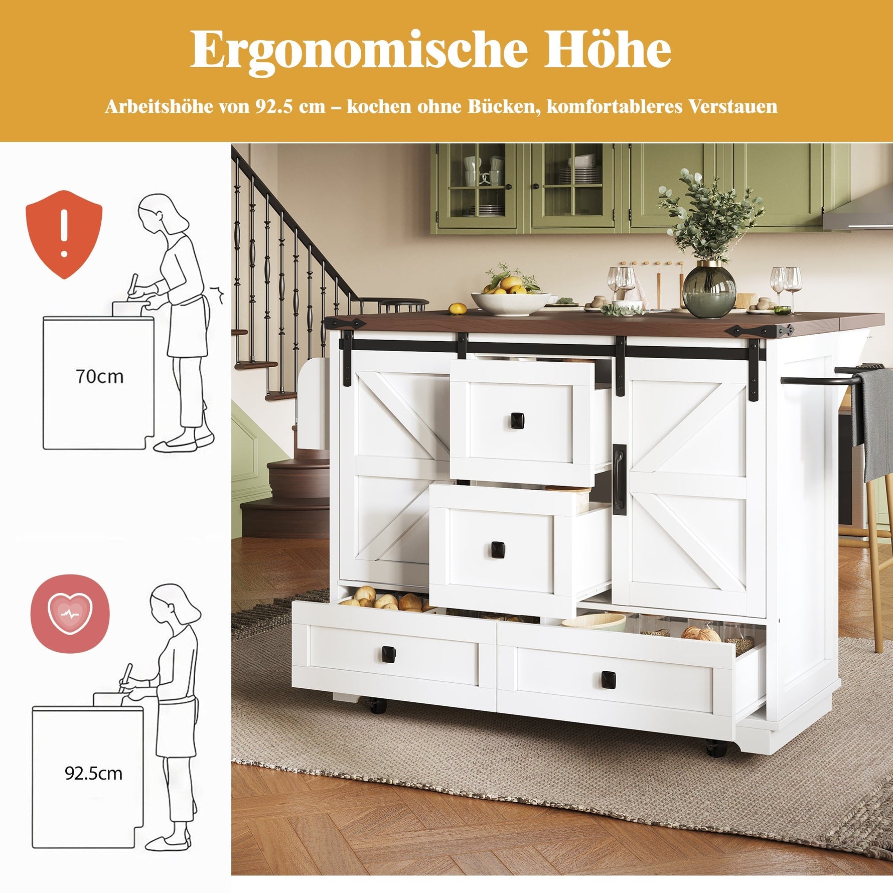 Kitchen Trolley Cart with Folding Table 3 Drawers & 2 Cabinet Doors