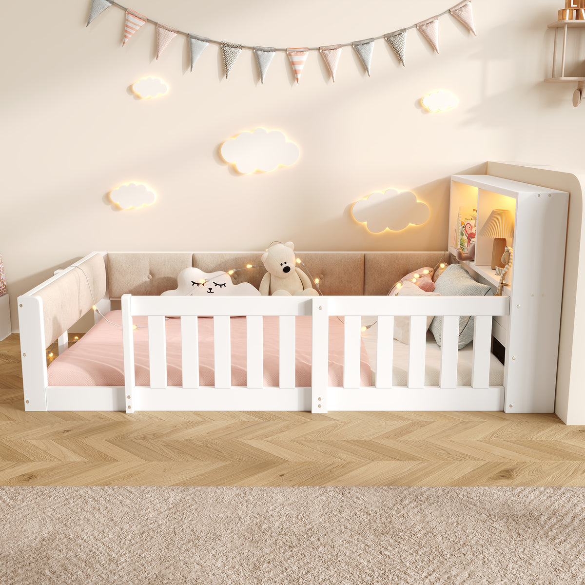 Flatbed Kids Bed 90x200cm with LED Light & Railings, White