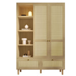 Wardrobe with 2 Doors, Rattan Weave, Shelves, Clothes Rail and 2 Drawers, Oak Look
