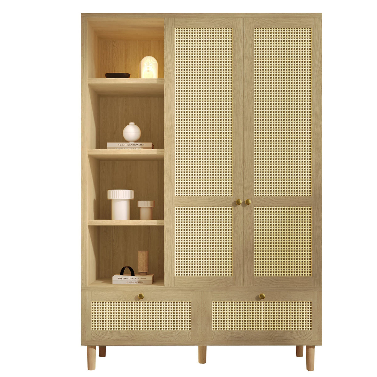 Wardrobe with 2 Doors, Rattan Weave, Shelves, Clothes Rail and 2 Drawers, Oak Look