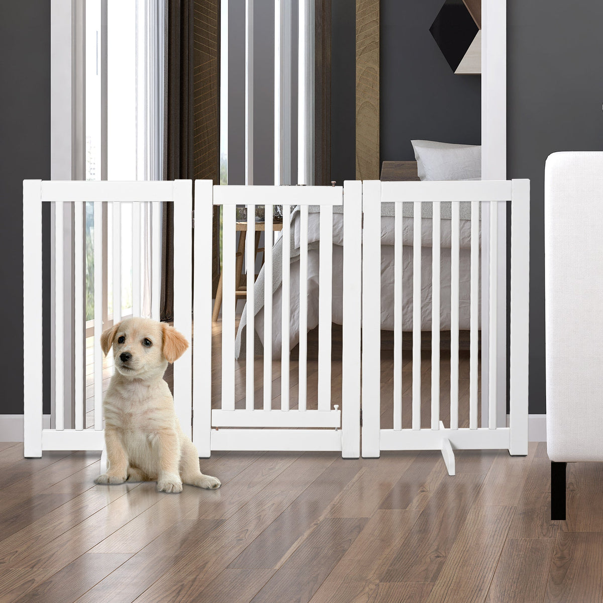 Wooden Dog Gate, Freestanding Adjustable Foldable, White