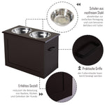 Dog Food Bowl, Elevated Feeder with Storage, 2 Stainless Steel Bowls, Espresso MDF