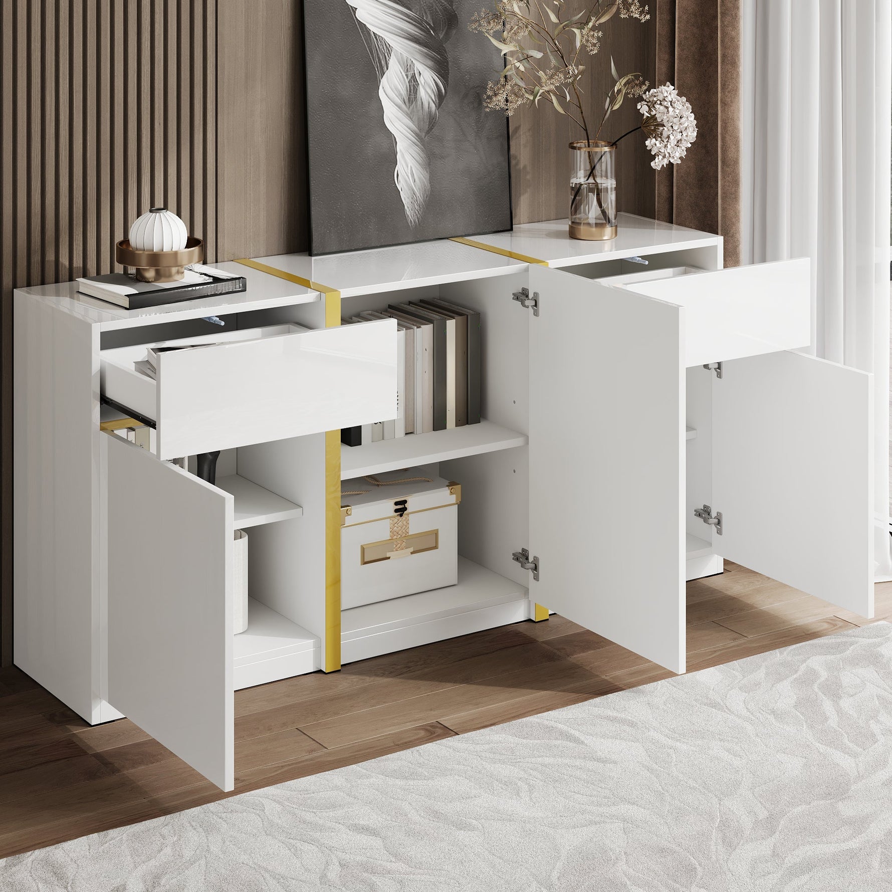 Luxurious Sideboard with 3 Doors and 2 Drawers, High-Gloss Lacquer Finish, White Wood