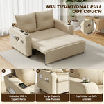 3-in-1 Sleeper Sofa with Pull-Out Bed, Cup Holder, USB Port and Side Pockets, Beige Cotton Linen