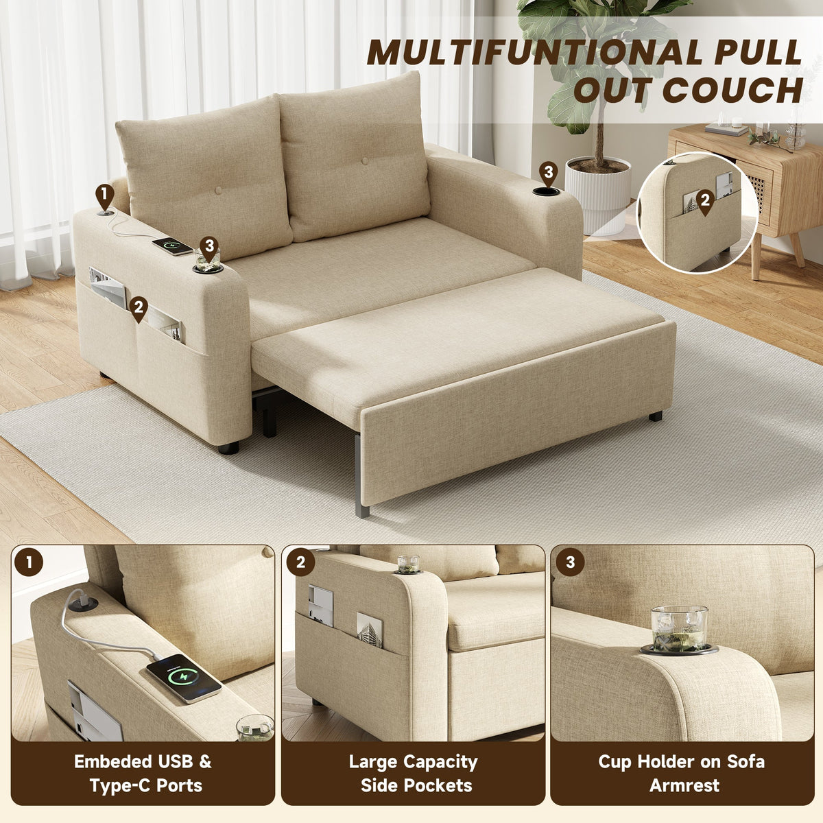 3-in-1 Sleeper Sofa with Pull-Out Bed, Cup Holder, USB Port and Side Pockets, Beige Cotton Linen