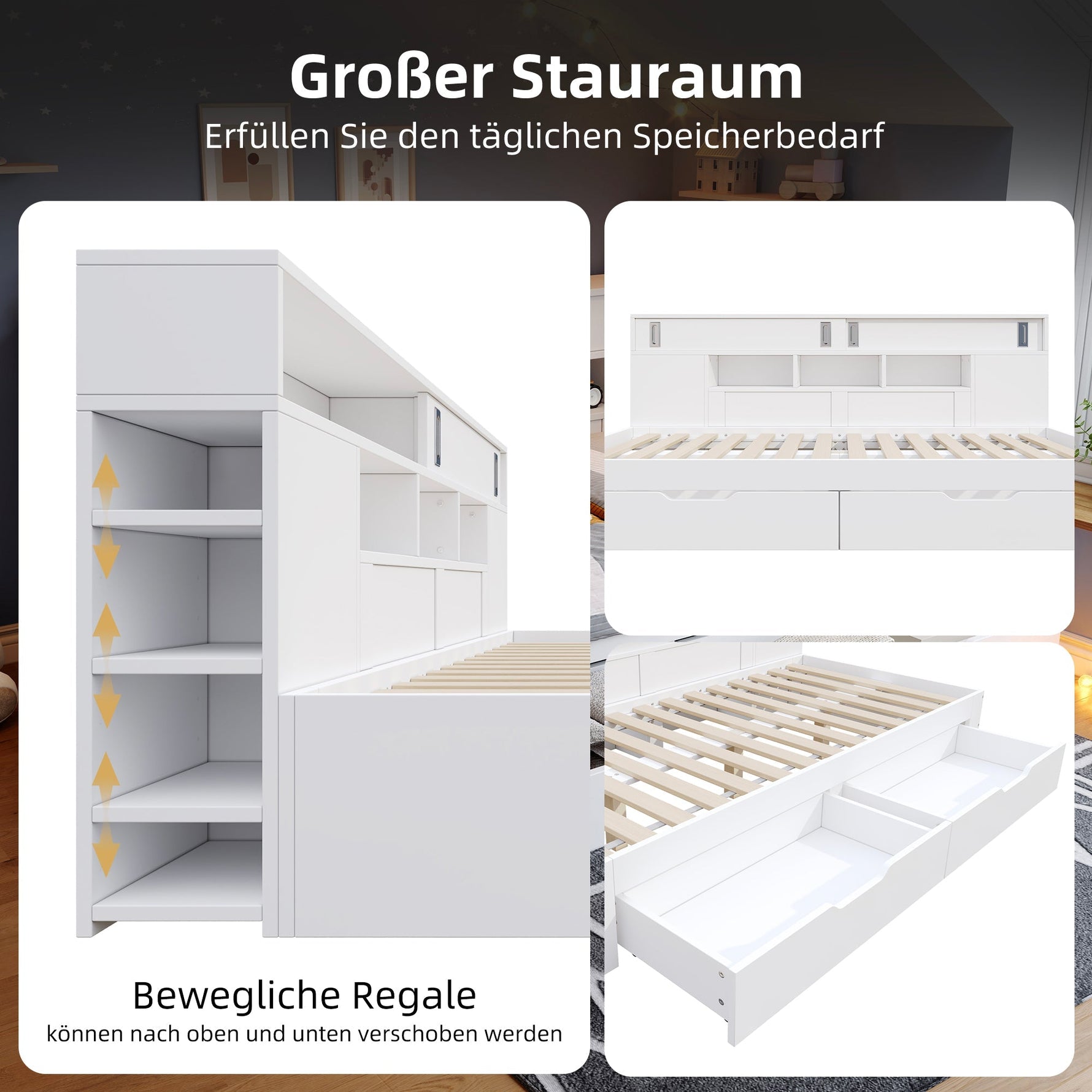 Child's Day Bed 90x190cm Multifunctional Drawers Shelf Cabinet Storage - White