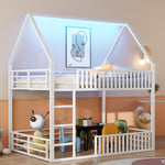House-Shaped Bunk Bed with Fence and LED Light, 140x200cm, White