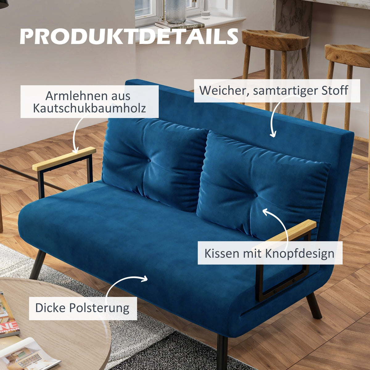 Sleeper Sofa Recliner, Fold-Out Bed Adjustable Backrest, Velvet Blue