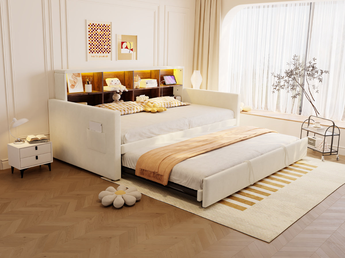 Upholstered Sofa Bed 90x190cm with Storage Headboard, LED and Charging Ports, Beige Velvet
