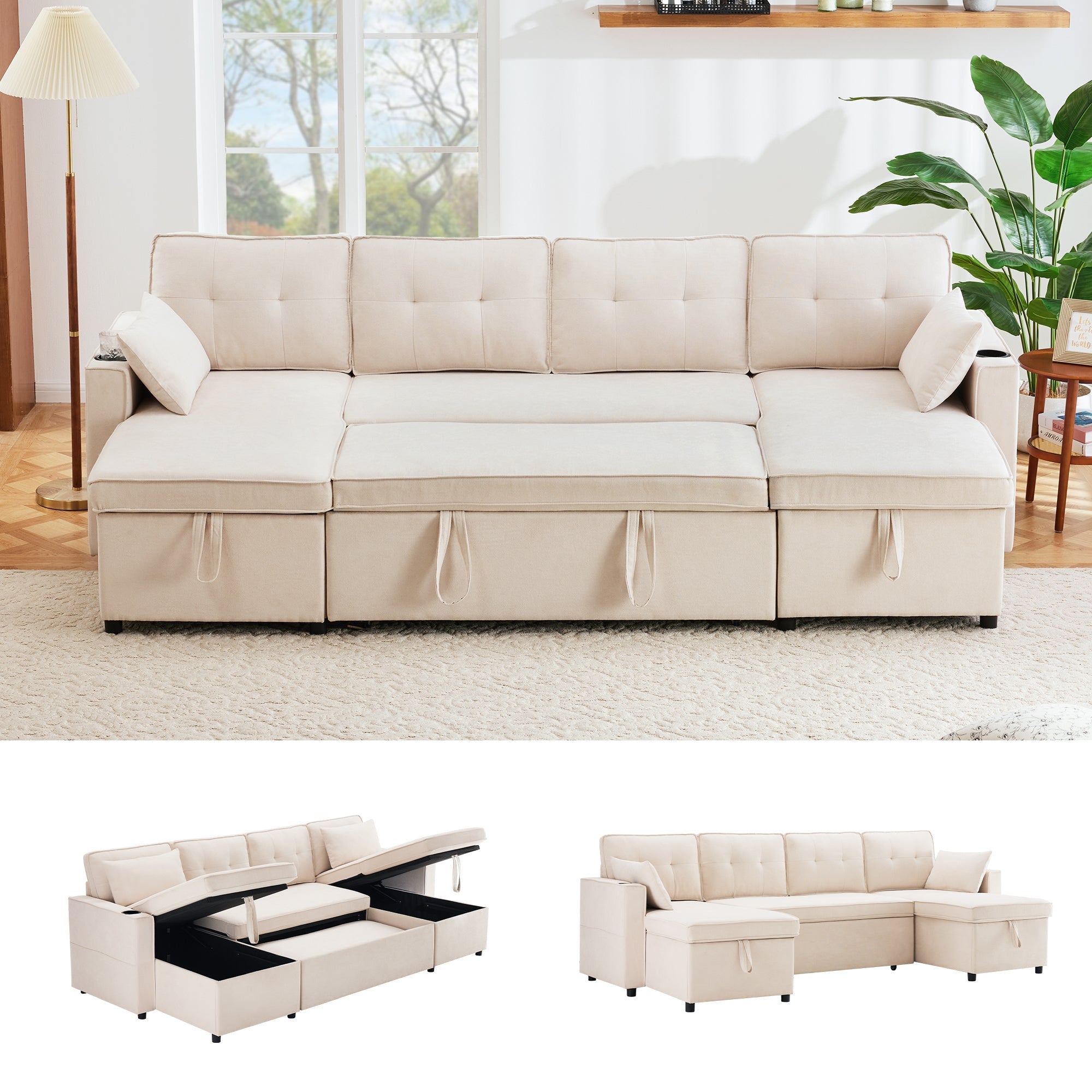 Sofa Bed, U-shaped Sleeper with Cupholder & Storage, Cotton Linen Fabric