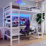 Loft Bed with Desk, USB Sockets, LED Strip and Pegboard, White Metal Frame