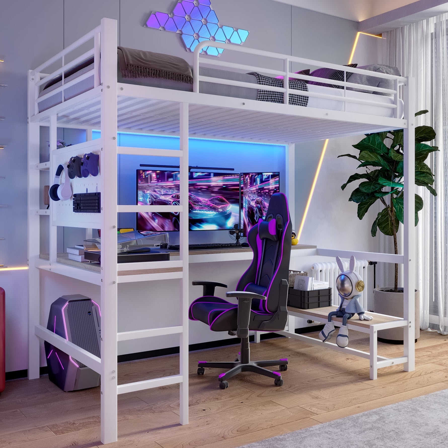 Loft Bed with Desk, USB Sockets, LED Strip and Pegboard, White Metal Frame