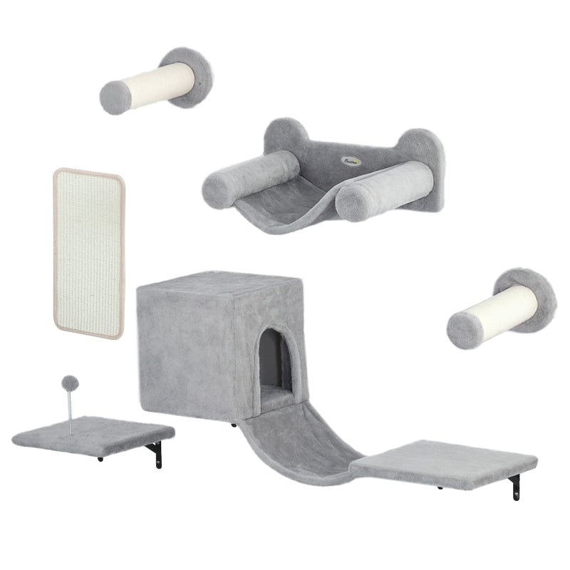PwaHut Cat Climbing Wall Set with Cat House, Hammock, Scratching Post, Grey