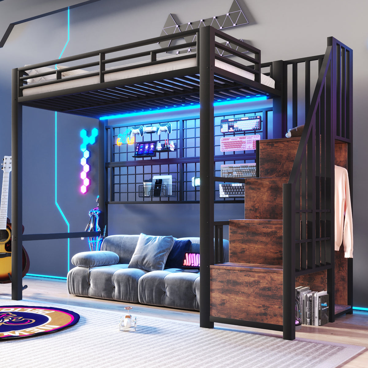 Loft Bed 90x200cm with Wardrobe & LED Lights, Black Iron Frame