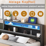 Upholstered Bed 140x200 cm, Hydraulic Floating with Storage, USB & LED, Reversible Headboard, Linen Grey