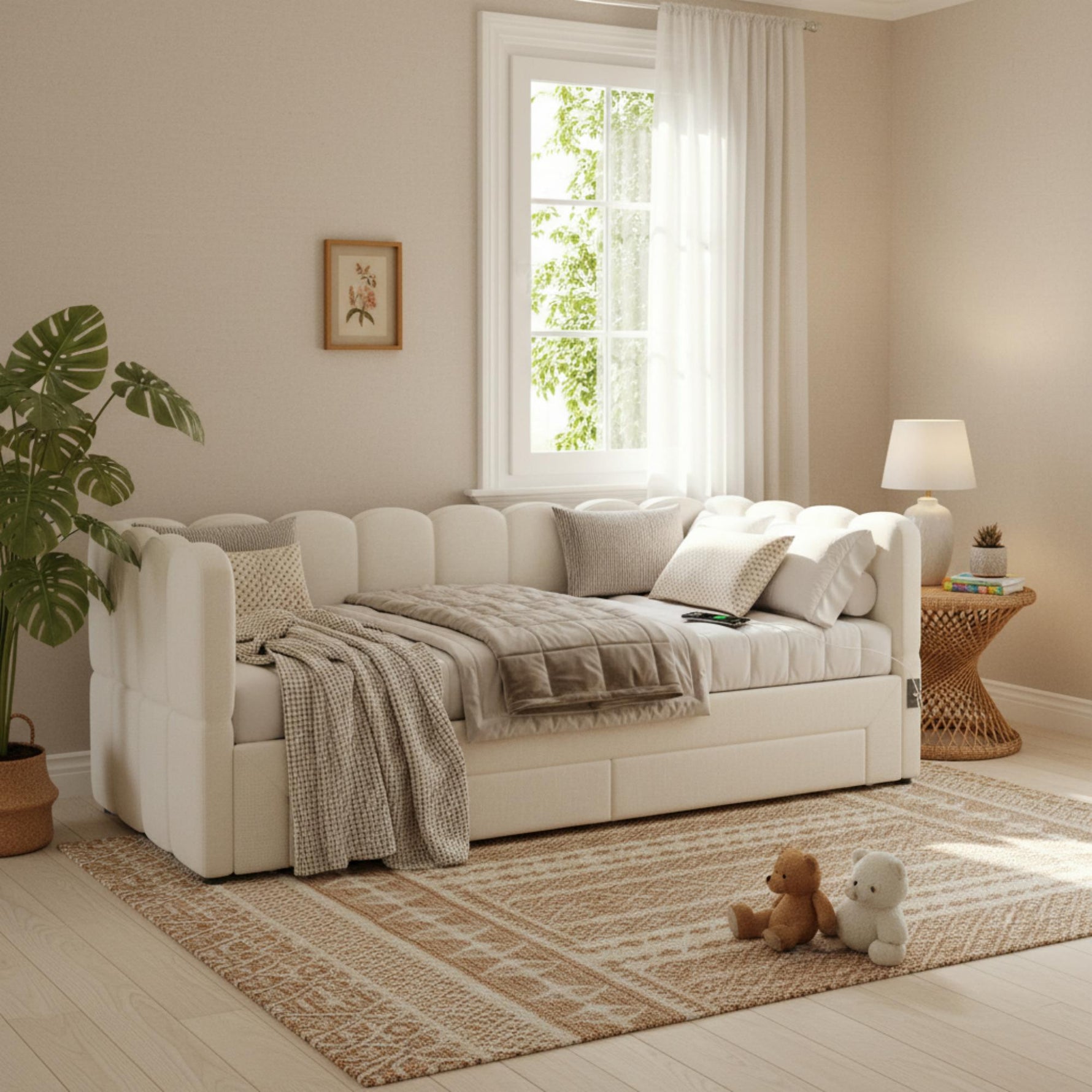 Upholstered Daybed with 2 Storage Drawers and USB Port, Beige Linen