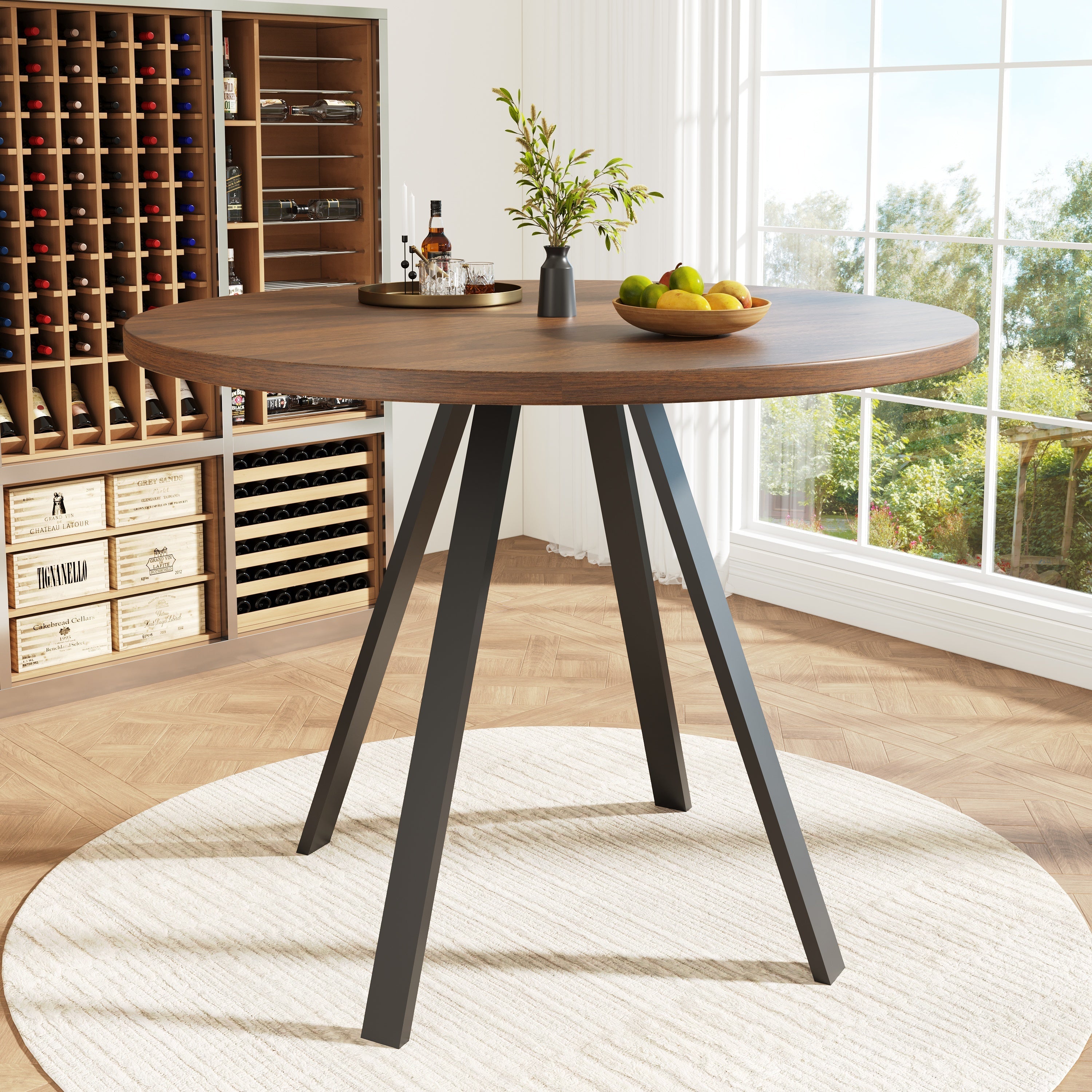 Round Dining Table 80cm Kitchen Coffee Table for 4 Metal Legs Walnut & Black