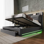 LED upholstered bed, 140 × 190 cm, hydraulic bed, 2-in-1 storage drawers at the foot of the bed, built-in LED light strips on both sides of the bed, slatted base, mattress not included, velvet, grey.
