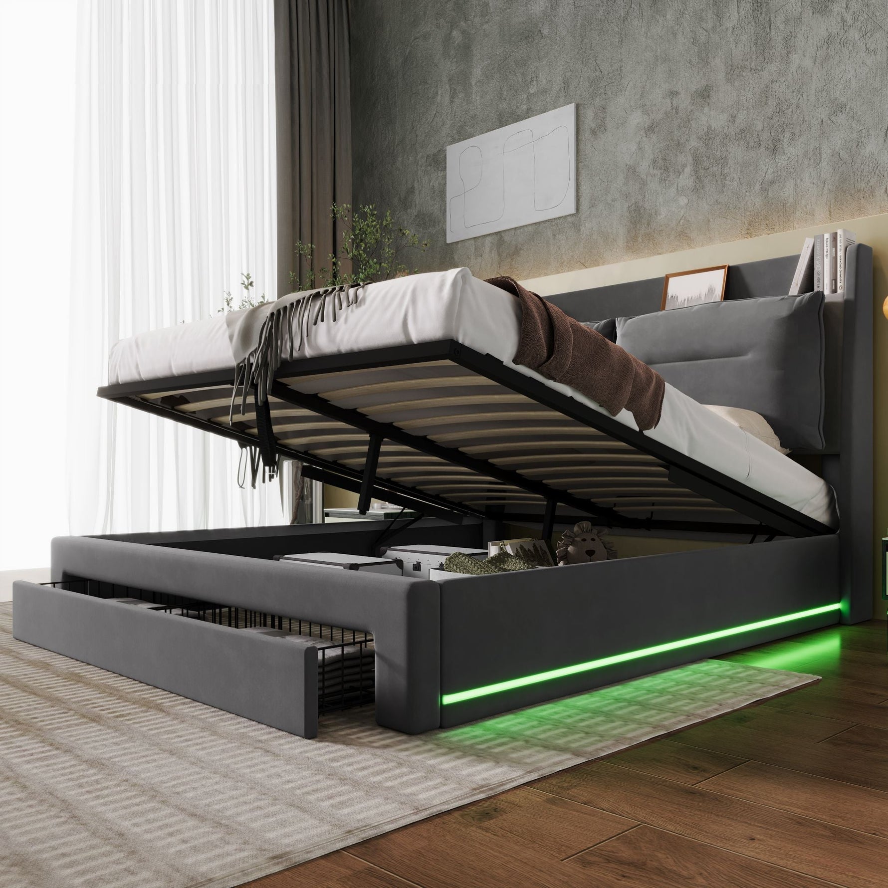 LED upholstered bed, 140 × 190 cm, hydraulic bed, 2-in-1 storage drawers at the foot of the bed, built-in LED light strips on both sides of the bed, slatted base, mattress not included, velvet, grey.