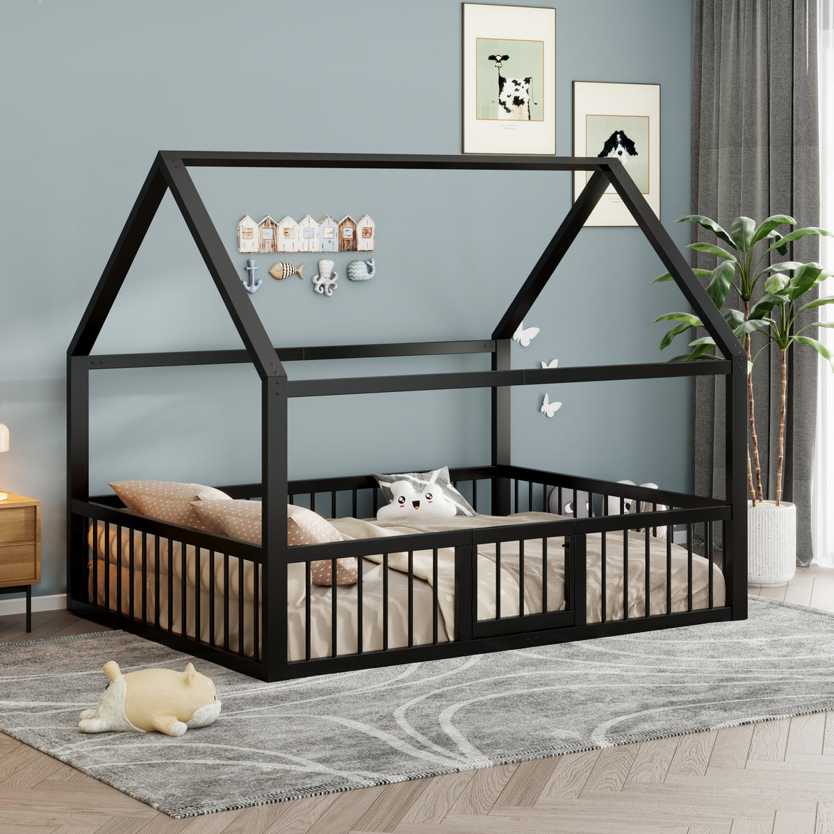 Metal Bed Frame 140x200 cm with House Trim & Railing, Black