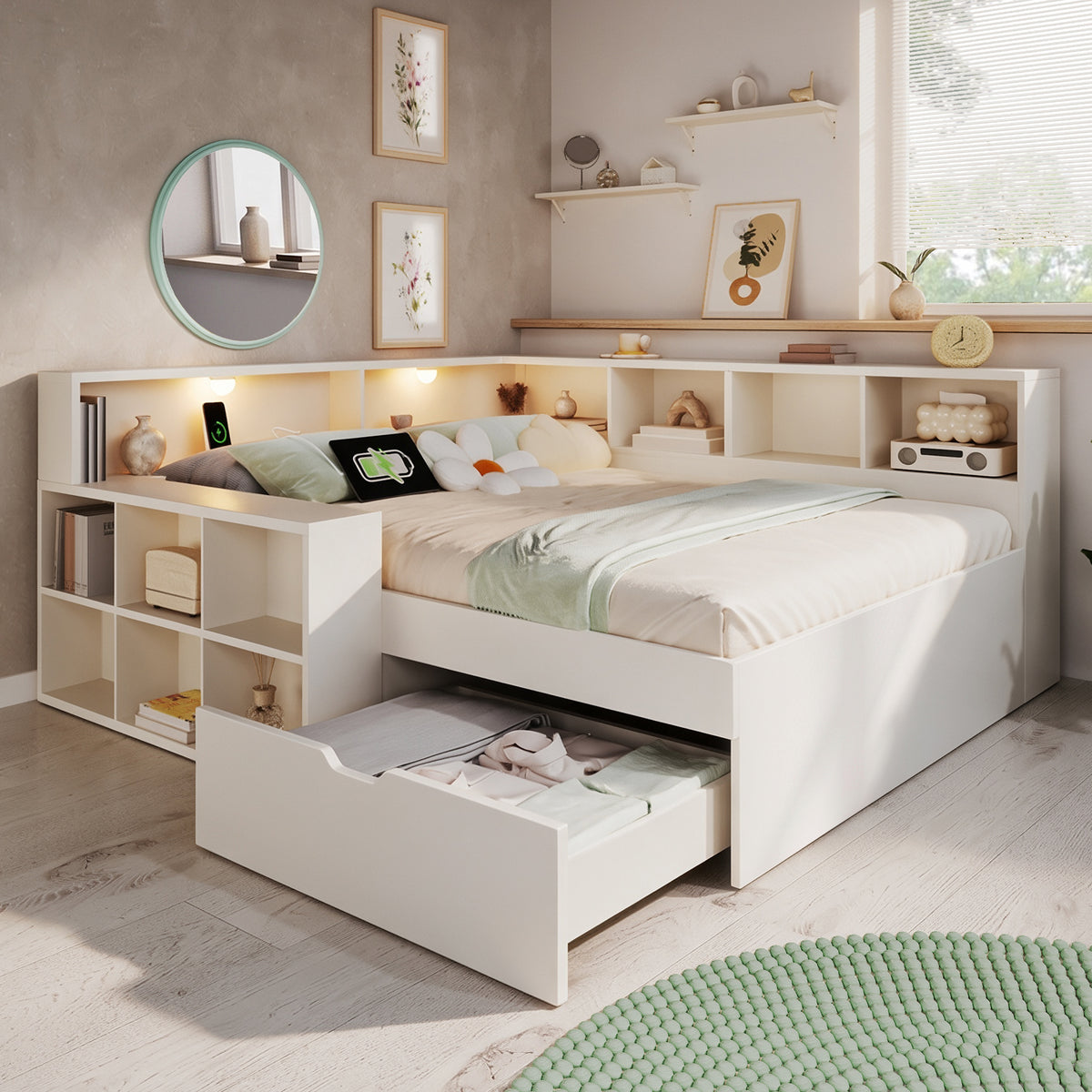 Wooden Double Bed 140x190cm with Storage & USB, White