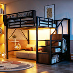 Loft Bed 140x200 with LED Light Strip & Storage, Black