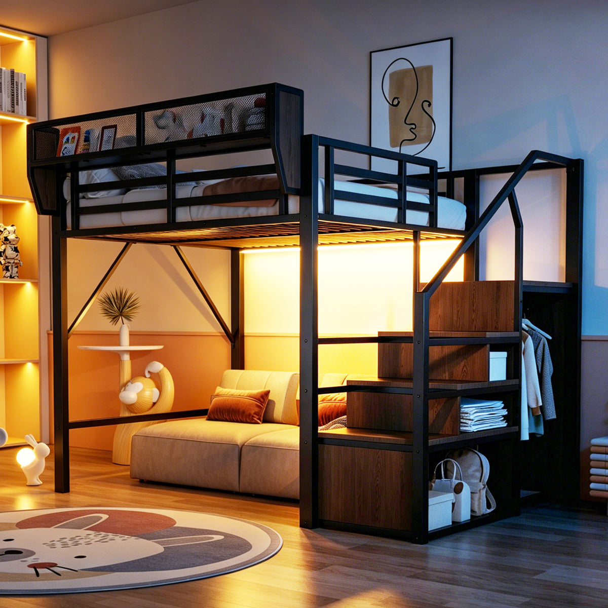 Loft Bed 140x200 with LED Light Strip & Storage, Black