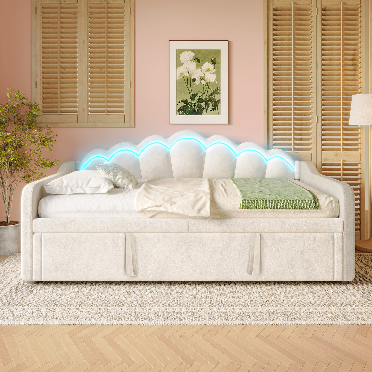 Daybed with Pull-Out Bed & LED Strip, 90x200cm, Beige Velvet